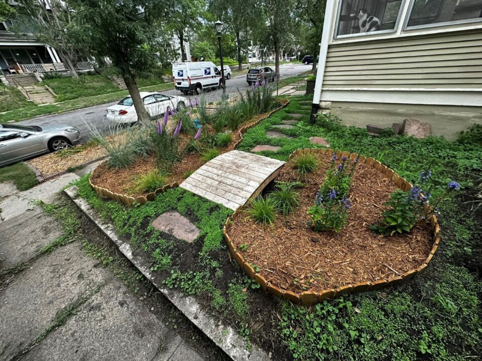 A rain garden with brown mulch surrounding green native plants in a residential home’s front yard. The garden is edged with a low, scalloped border. A small wooden bridge connects a steppingstone path over the garden. A residential street is in the background with parked cars and a white postal van driving down the block. 