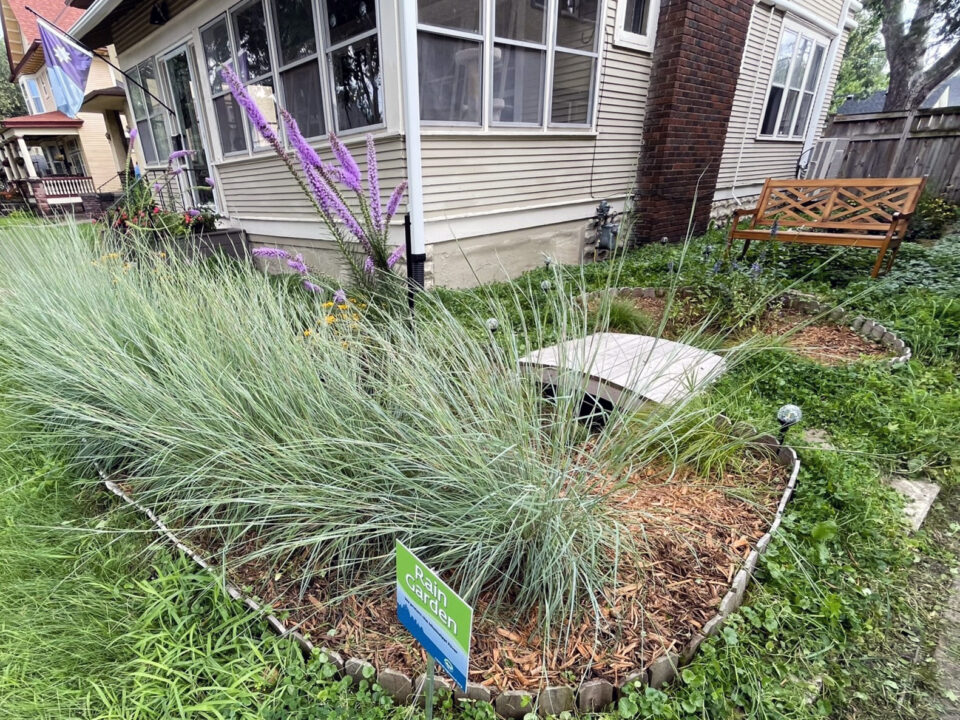 Front yard of a house with a mulched rain garden filled with lush greenery of native plants, a small wooden bridge, a wooden bench, and a 