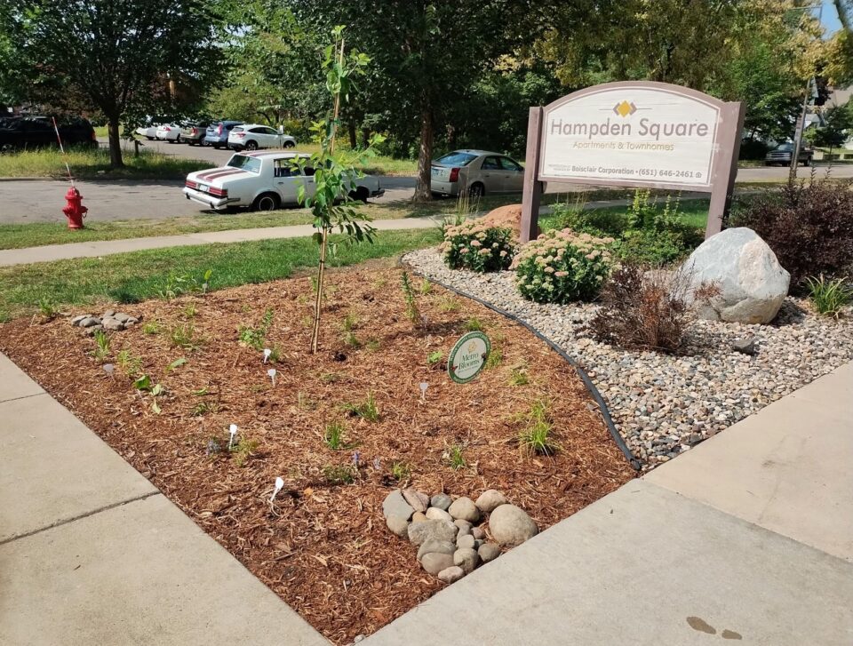 A tidy, mulched rain garden in between sidewalk and a prominent 