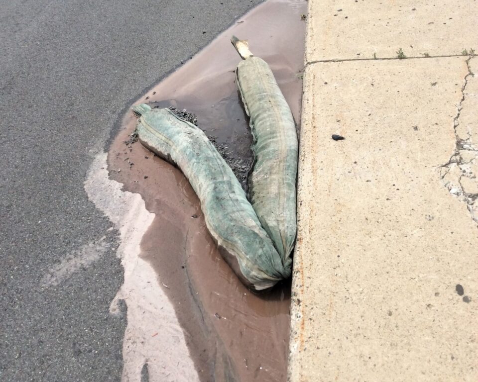 A long, twisted fabric tube of a silt log from a construction site lays along a street curb with muddy water flowing past it.