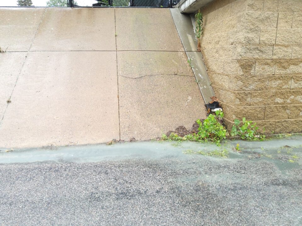 A sloped concrete wall along a paved roadway with cloudy, gray water pooling along the wall's base.